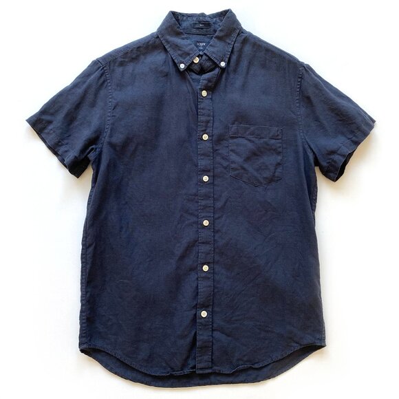 J.Crew Mens Slim Fit 100% Linen Camp Shirt SIze S Navy Short Sleeve Button-Down - Picture 3 of 10